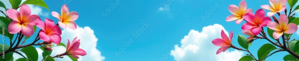 Fototapeta premium Plumeria tree against bright blue sky with white clouds, plumeria, foliage, tropical