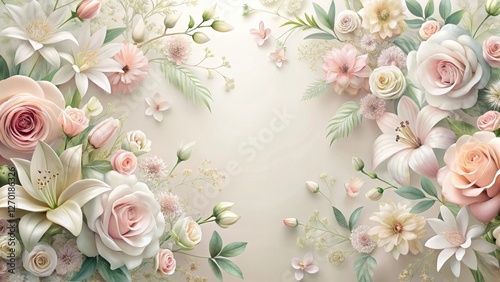 A Delicate Arrangement of Pastel Roses, Lilies, and Other Exquisite Blooms, Creating a Serene and Elegant Floral Border