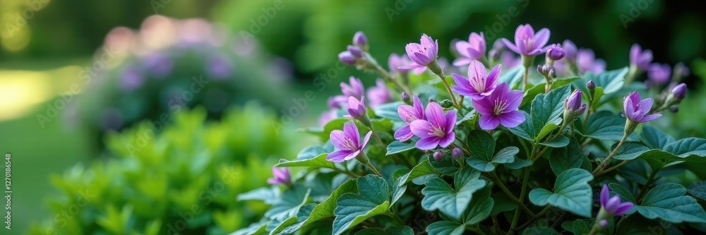Purple flowers and silvery-green leaves on a compact shrub, greenery, small tree, evergreen Purple flowers and silvery-green leaves on a compact shrub, greenery, small tree, evergreen