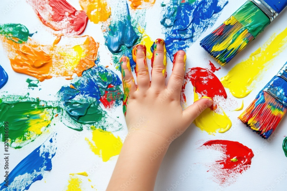 Obraz premium Hand in close-up crafting art using multicolored brushes.