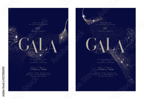 Charity gala dinner invitation features flowing, minimalist organic golden lines, shimmering silver on dark blue background, adding a touch of glamour