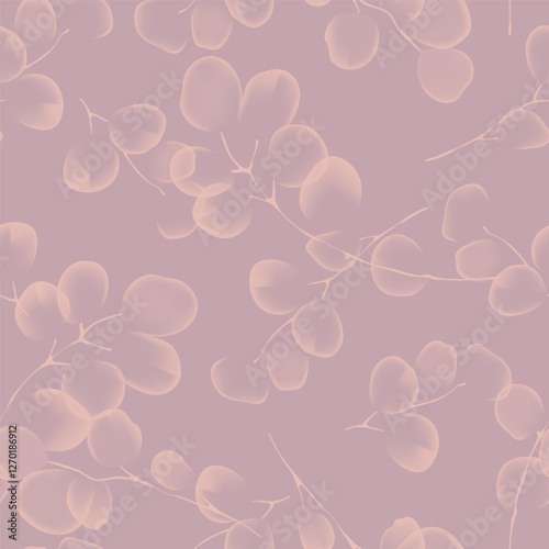 Floral seamless pattern features translucent soft red eucalyptus leaves on a mauve background. The leaves appear ethereal and overlapping, creating a light and airy design