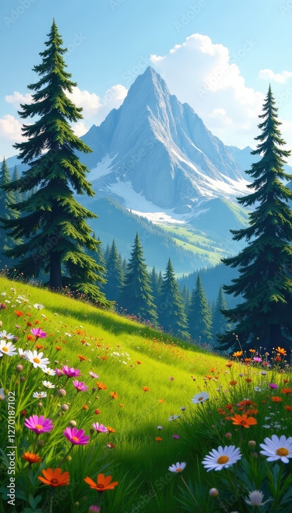 Fototapeta premium Serene mountain meadow with wildflowers and towering pines, landscape, scenery, pine tree
