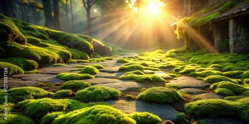 Serene Pathway Sunlit Stone Walkway Covered in Lush Moss, Tranquil Nature Scene