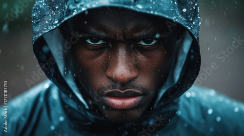 Close-up portrait of a determined athlete under the rain photo