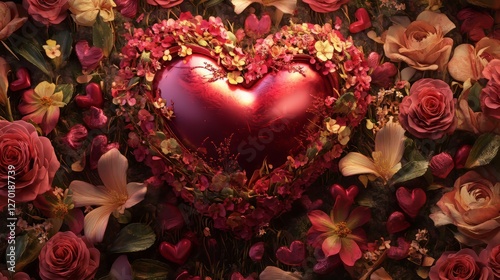 Floral heart center surrounded by roses.