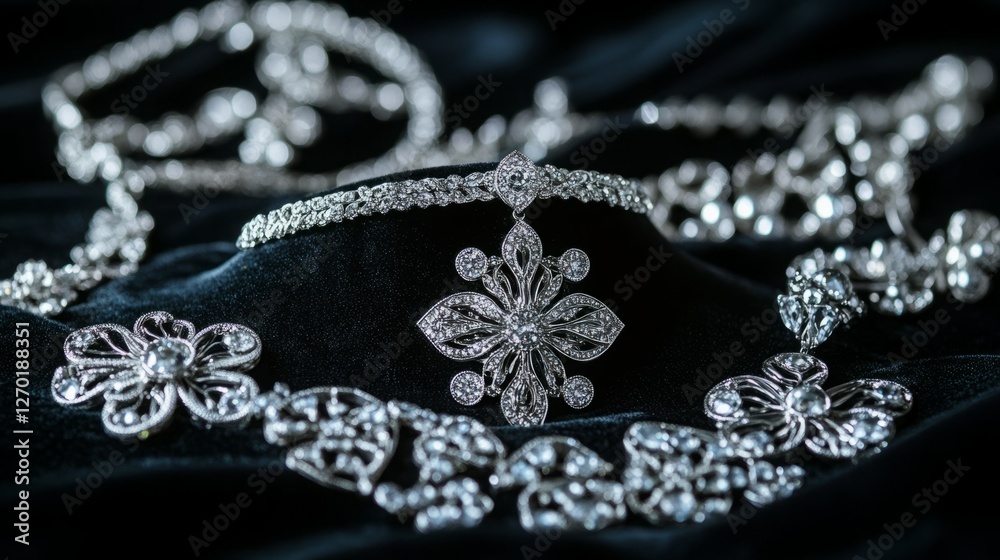 Obraz premium Elegant silver necklace with a dazzling floral pendant, resting on a dark velvet background. The intricate detailing and sparkling stones create a luxurious feel.