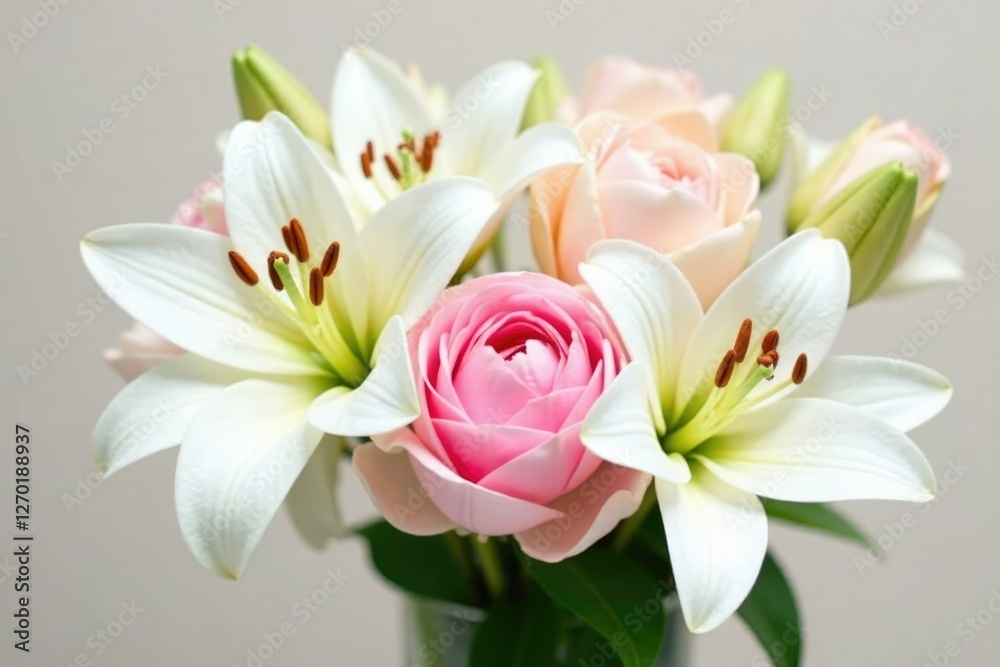 Obraz premium White lilies and pale pink camellias in a floral bouquet, arrangement, bouquet
