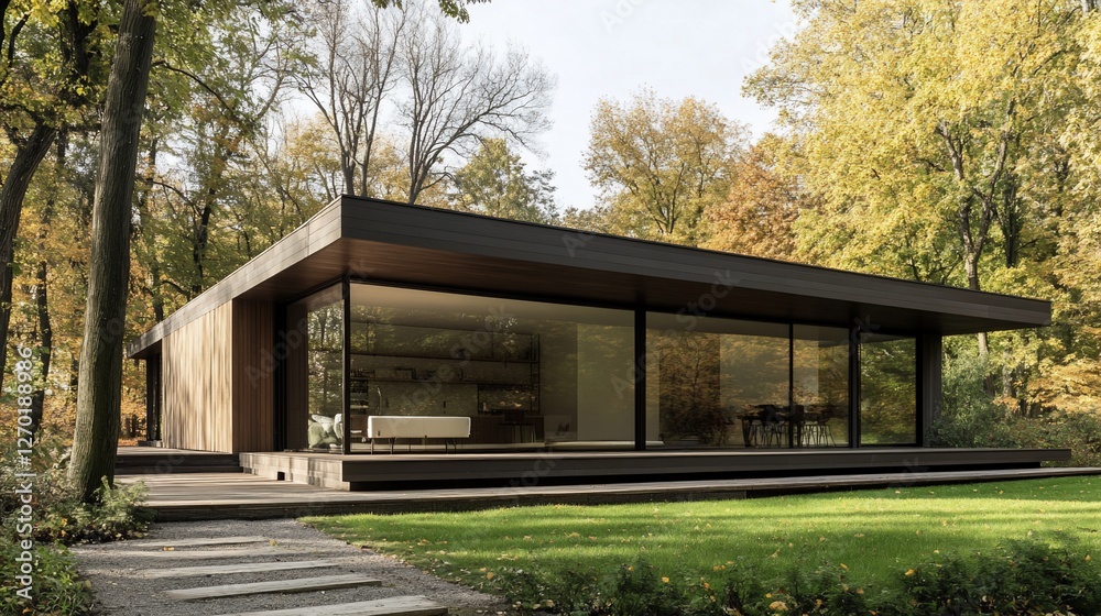 Fototapeta premium Modern Minimalist House in Autumnal Forest