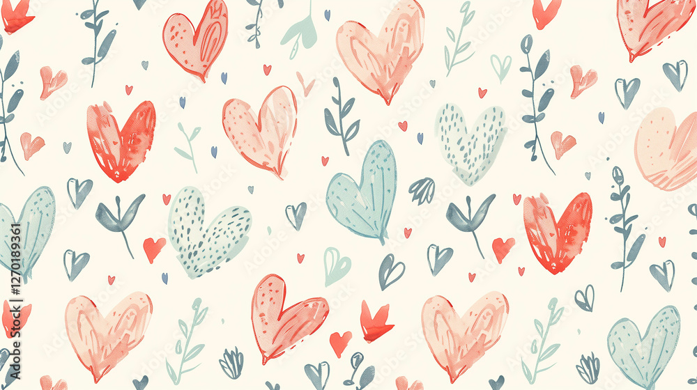 Charming hand-drawn hearts and floral pattern with a soft pastel aesthetic Charming hand-drawn hearts and floral pattern with a soft pastel aesthetic