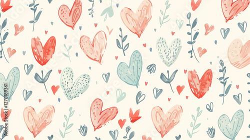 Charming hand-drawn hearts and floral pattern with a soft pastel aesthetic