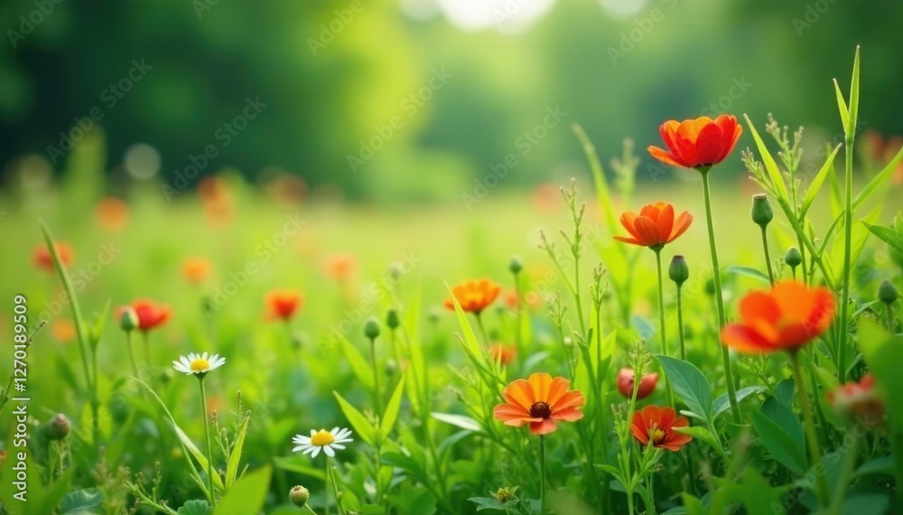 Fototapeta premium Wildflowers sway gently amidst lush green foliage, field, plants