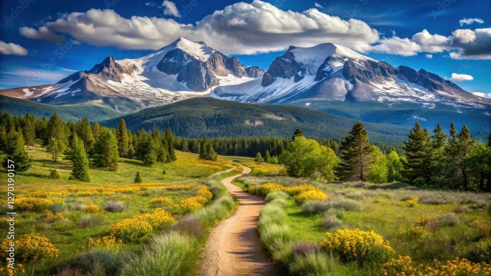 Serene Mountain Trail Winding Through Vibrant Wildflower Meadow Under a Sunny Sky Serene Mountain Trail Winding Through Vibrant Wildflower Meadow Under a Sunny Sky