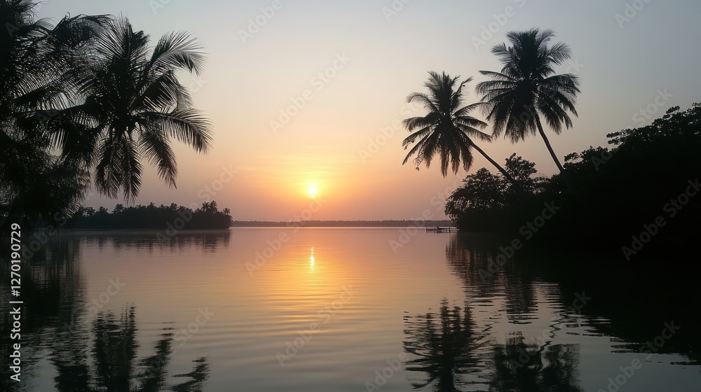 Serene tropical sunset reflecting on tranquil waters with palm silhouettes