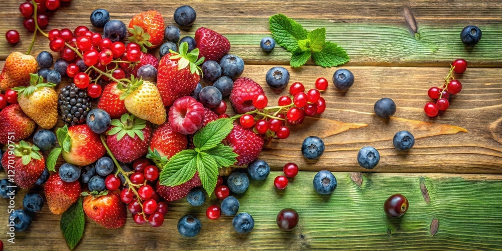 A vibrant assortment of fresh summer berries, including strawberries, blueberries, raspberries, blackberries, and red currants, artfully arranged on a rustic wooden surface. A vibrant assortment of fresh summer berries, including strawberries, blueberries, raspberries, blackberries, and red currants, artfully arranged on a rustic wooden surface.