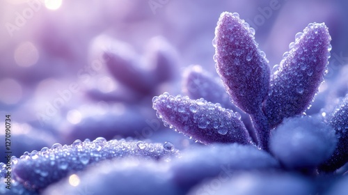 Close-up of dew-covered purple succulent leaves glistening under soft morning light