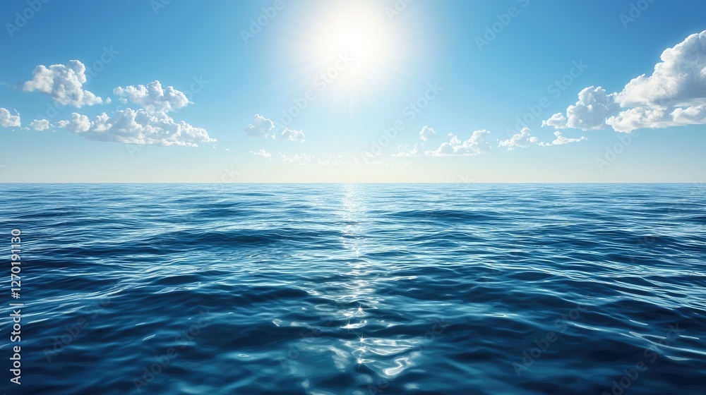 Obraz premium Serene ocean view under a bright sun with gentle waves and scattered clouds in the sky