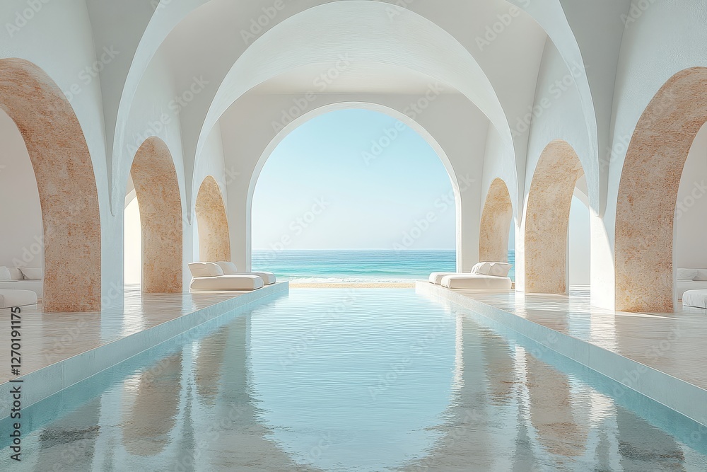 Fototapeta premium Minimalistic Scene with Round Arches and Window on White Background, 3D Render. Close-Up View with Studio Lighting Creates Daylight Effect, Featuring Beach and Light Blue Sky Reflections.