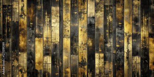 Abstract Grunge Wooden Paneling Texture with Gold and Black Hues, Ideal for Design Projects Requiring a Distressed, Vintage Aesthetic