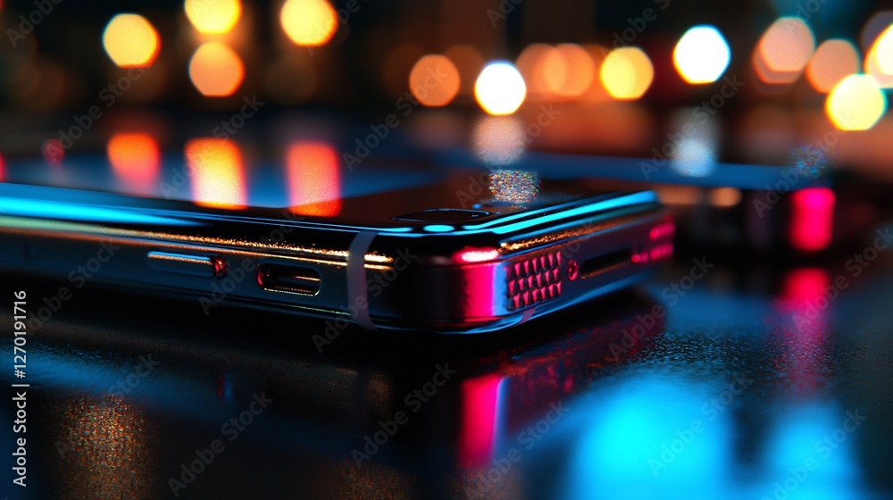 Creative Display Of Three Floating Phones With Blue And Red Illumination Creative Display Of Three Floating Phones With Blue And Red Illumination