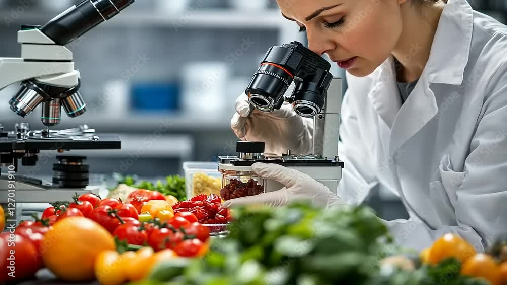 Scientist examining fresh produce under a microscope in a lab, showcasing food safety research