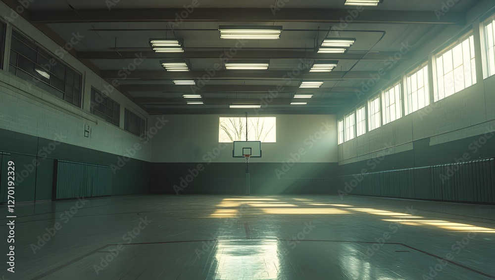 Empty school gym, sunlight streams through window, basketball hoop, interior Empty school gym, sunlight streams through window, basketball hoop, interior