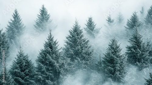 Misty forest landscape with frosted evergreen trees creating a serene winter atmosphere