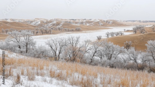 Frost-covered landscape with rolling hills and frozen river, showcasing winter's beauty