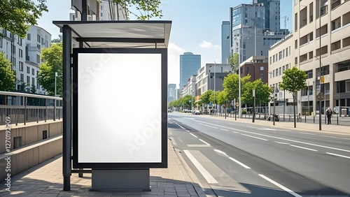 Vertical blank white billboard at bus stop on city street. In the background buildings and road. Mock up.