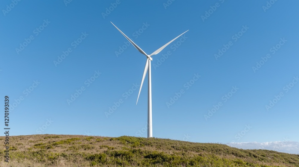 Wind turbine on a hill, clear sky, renewable energy Wind turbine on a hill, clear sky, renewable energy