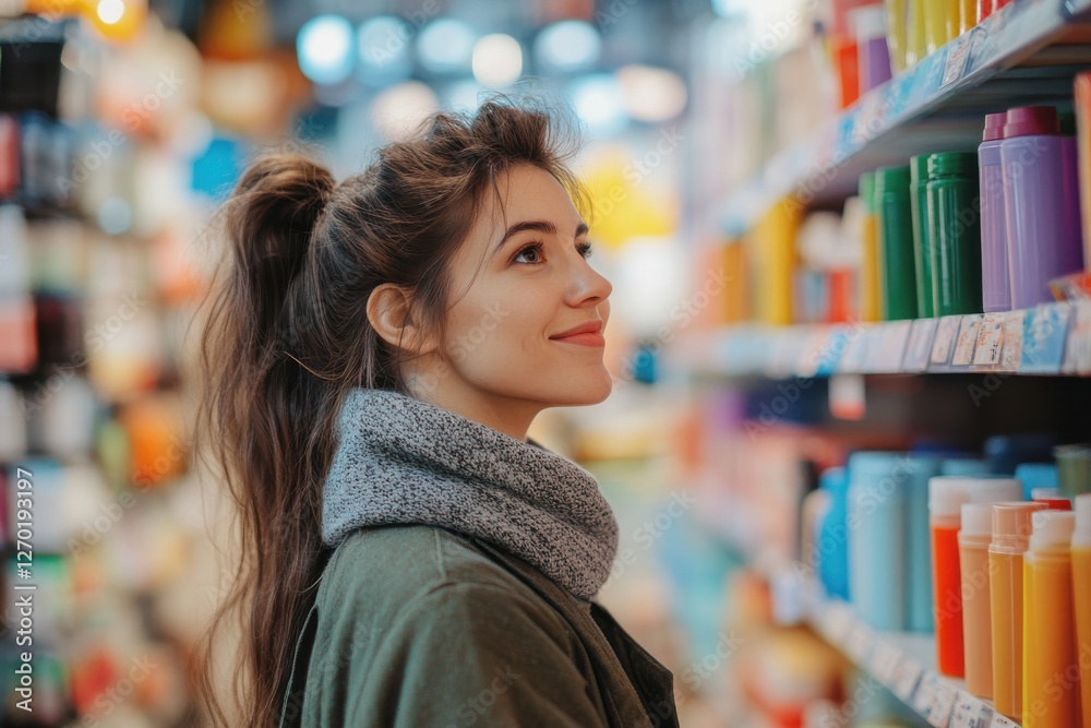 Young woman admiring colorful shelves in an art supply store Young woman admiring colorful shelves in an art supply store
