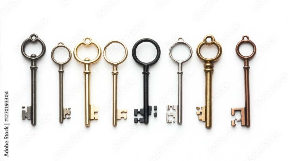 A row of antique keys in various metallic finishes sits on a white background. Each key has a unique design and color. A row of antique keys in various metallic finishes sits on a white background. Each key has a unique design and color.