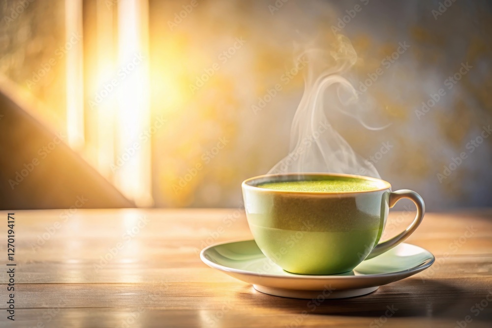 Obraz premium Aromatic Green Tea in a Ceramic Mug on Wooden Table with Sunlight Streaming Through Window