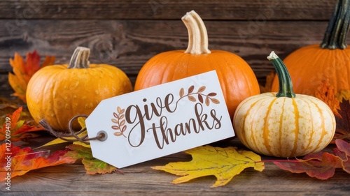 Pumpkins leaves and a sign celebrate the thanksgiving holiday