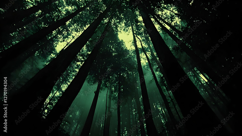 Naklejka premium Mystical Redwood forest, fog, tall trees, dramatic low angle view, dark green tones, nature background.