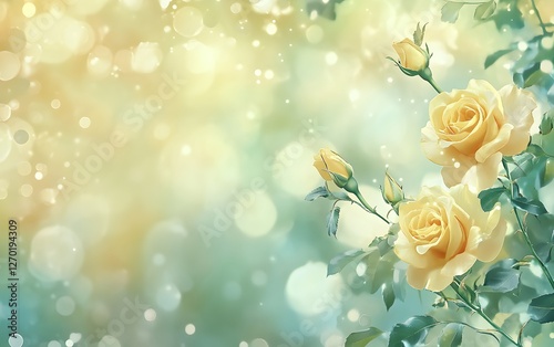 yellow roses positioned on the right side of the image, their delicate petals in sharp focus against a dreamy, soft bokeh background of warm golden and green tones