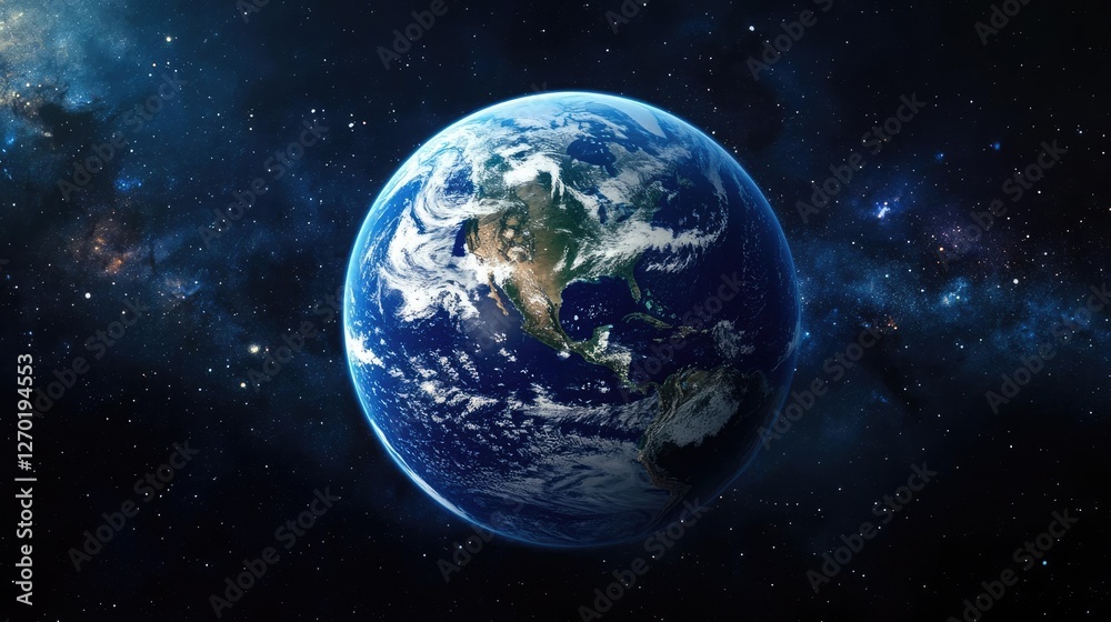 Planet Earth View from Space Showing Americas with Atmospheric Glow and Stars in Deep Space Planet Earth View from Space Showing Americas with Atmospheric Glow and Stars in Deep Space