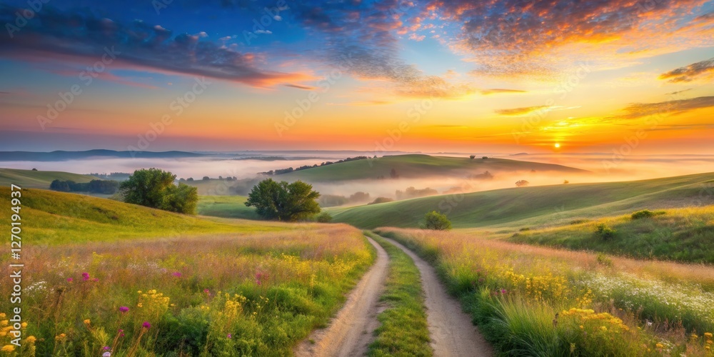 Fototapeta premium Serene Sunrise Over Rolling Hills with a Misty Valley and Wildflowers Lining a Country Road