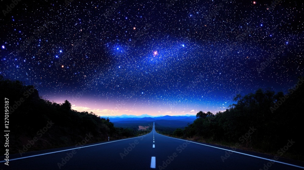 Naklejka premium A serene night scene depicting a long road under a stunning starry sky, blending natural beauty with a sense of adventure.