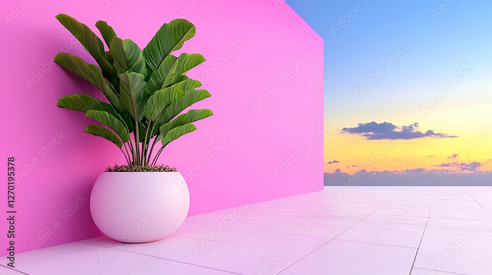 Fototapeta premium Tropical Plant in White Pot Against Pink Wall and Sunset