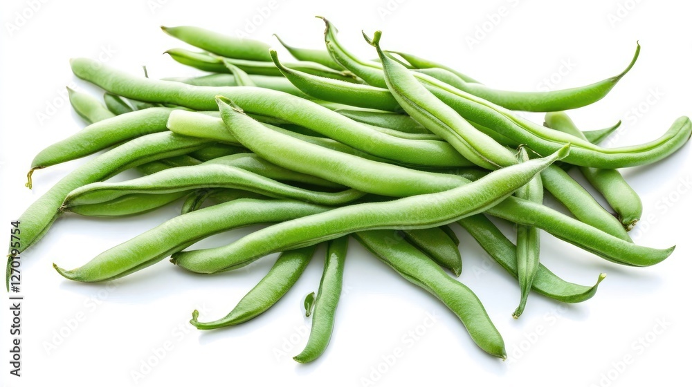 A collection of fresh green beans spread across a white background with copy space. A collection of fresh green beans spread across a white background with copy space.