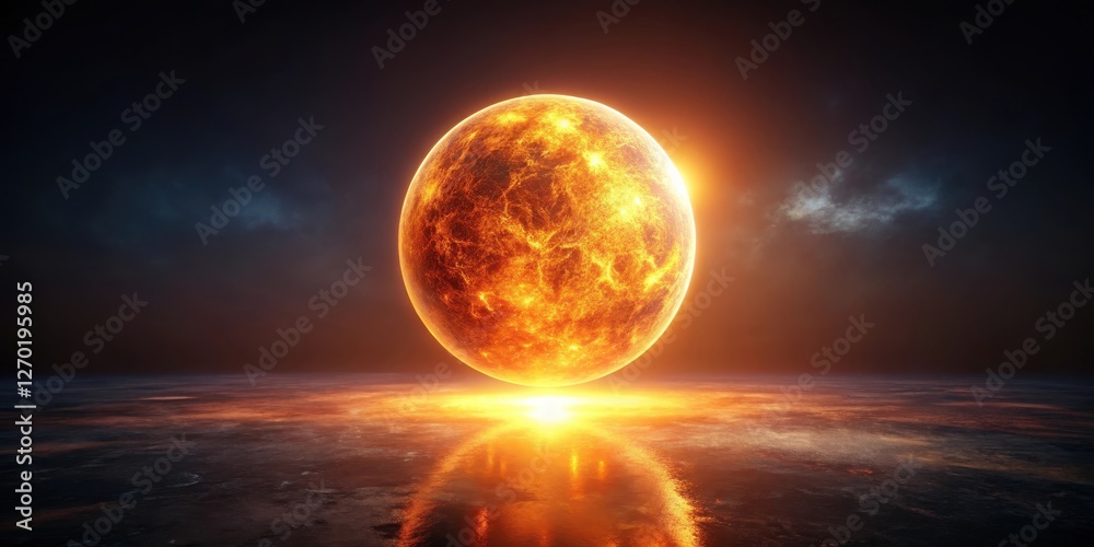 Fiery Celestial Body Descending Towards a Dark, Still Expanse of Water Reflecting an Intense Glowing Light Fiery Celestial Body Descending Towards a Dark, Still Expanse of Water Reflecting an Intense Glowing Light