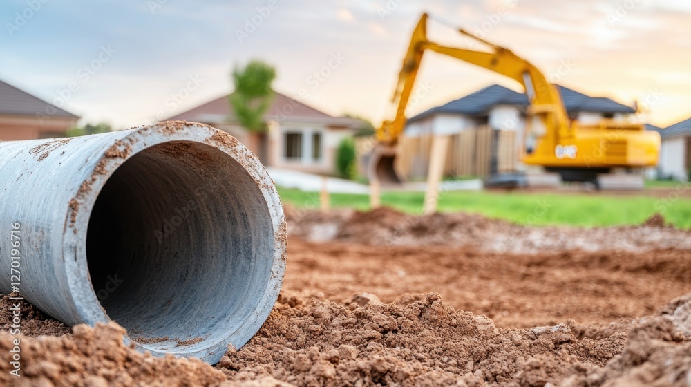 Concrete pipe lies on the ground, excavator digging in background, during housing development. Concrete pipe lies on the ground, excavator digging in background, during housing development.