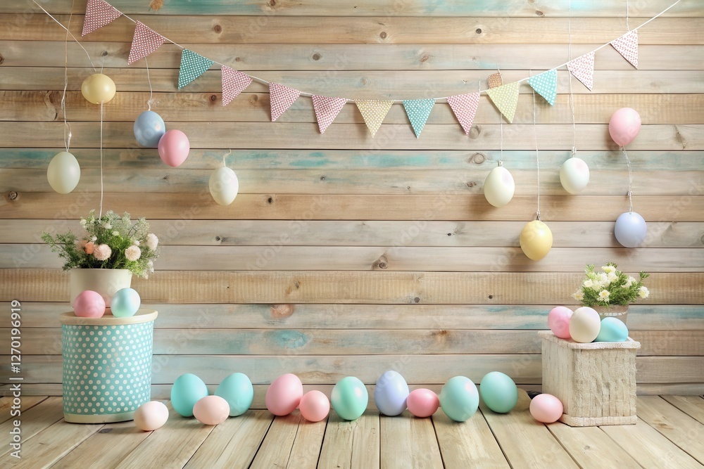 Obraz premium Pastel Easter eggs and spring flowers arranged against a rustic wooden backdrop with a festive bunting