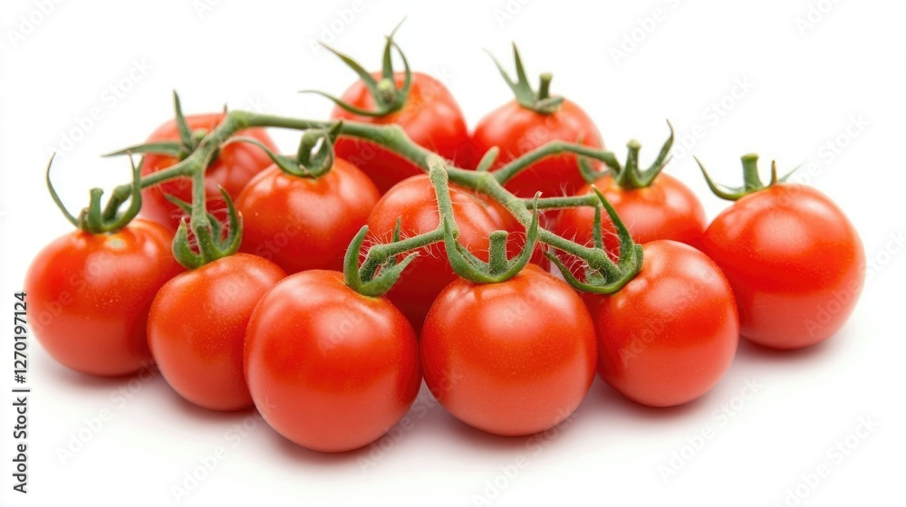 A group of fresh cherry tomatoes on a vine, placed on a white background. A group of fresh cherry tomatoes on a vine, placed on a white background.