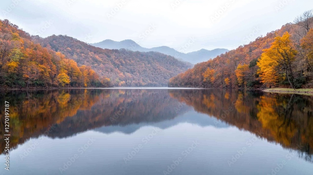 Fototapeta premium Autumn lake reflection, misty mountains, fall foliage, scenic view, nature photography