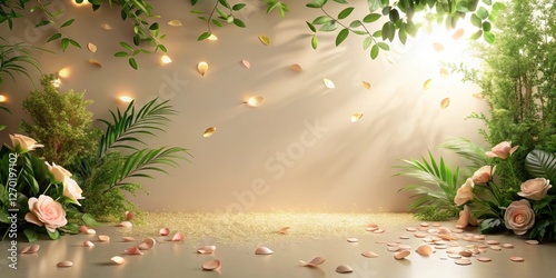 Serene Botanical Display  Illuminated Floral Arrangement with Golden Accents and Soft Lighting