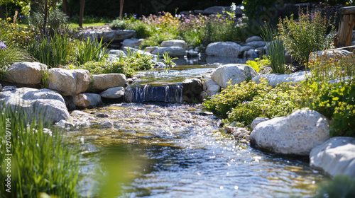 serene watershed area featuring diverse plant life, flowing water, and natural stones creates peaceful environment