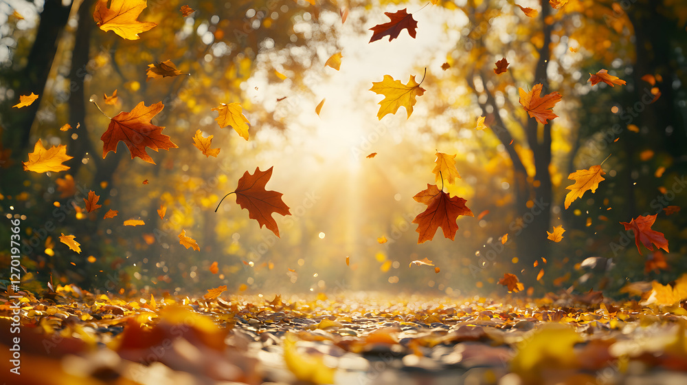 Magical autumn scene with falling leaves, sunlit path, and vibrant colors. Perfect for fall backgrounds, seasonal designs, and nature-themed projects. Magical autumn scene with falling leaves, sunlit path, and vibrant colors. Perfect for fall backgrounds, seasonal designs, and nature-themed projects.