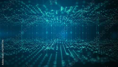 Fototapeta Naklejka Na Ścianę i Meble -  Futuristic digital data grid with glowing dots forming a technology network. Ideal for blockchain, Artificial Intelligence, Big data transfer concepts in innovation and data analytics. 3d rendering